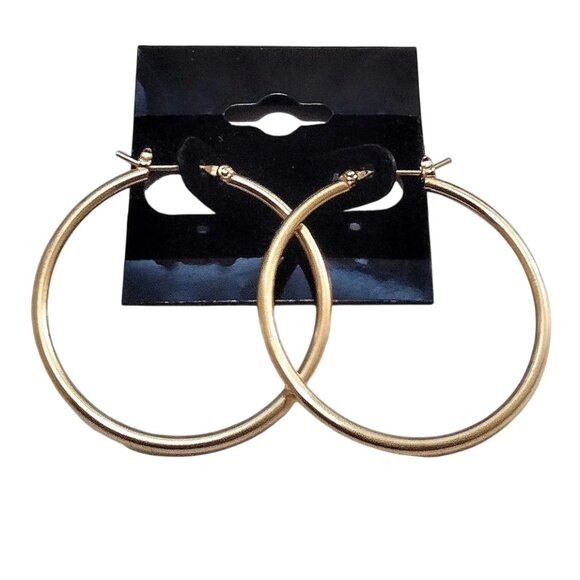 1 3/8 Inch 35mm Tube Hoop Pierced Post Earrings Gold Tone - Picture 2 of 6